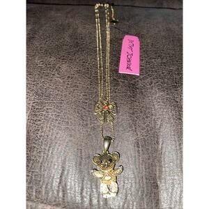 Betsey Johnson koala bear& Bow heart dual necklace rhinestones adjustable New